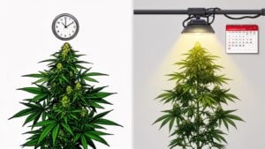 Illustration showing two cannabis plants, one with a clock and one with a light.