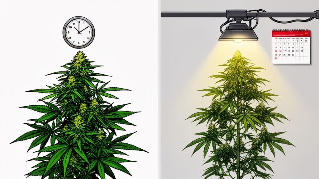 Illustration showing two cannabis plants, one with a clock and one with a light.