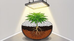 Cutaway illustration of a cannabis plant in a pot, showing soil and root development.
