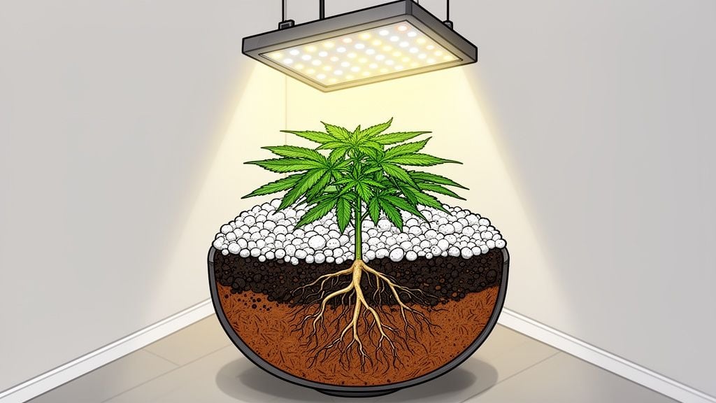Cutaway illustration of a cannabis plant in a pot, showing soil and root development.