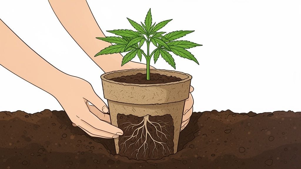 Cartoon of two hands planting a biodegradable cannabis pot with seedling.