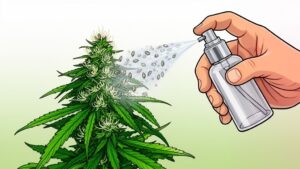 Cartoon rendering of a hand using seed spray on a cannabis plant