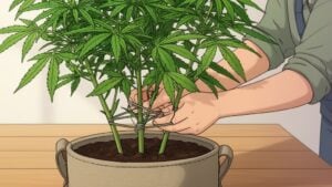 Illustration of two hands using the low-stress training (LST) technique on a cannabis plant.
