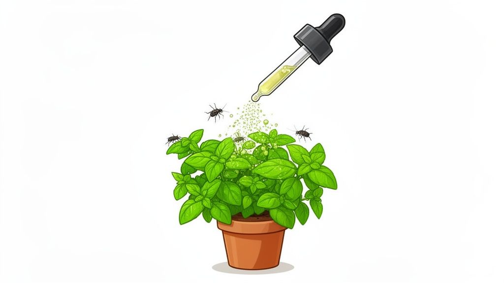 Illustration of Neem oil dropper used on a cannabis plant.