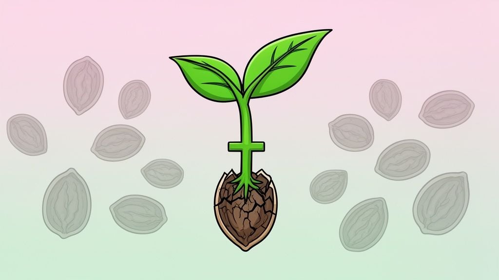 Graphic illustration of a green cannabis seedling.
