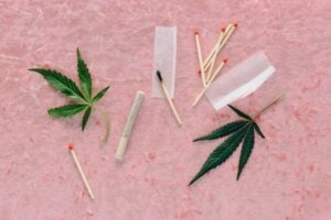 cannabis fan leaf with matches on pink fabric