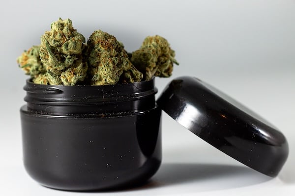 How long does weed stay in your system: Dried green cannabis buds in black tin