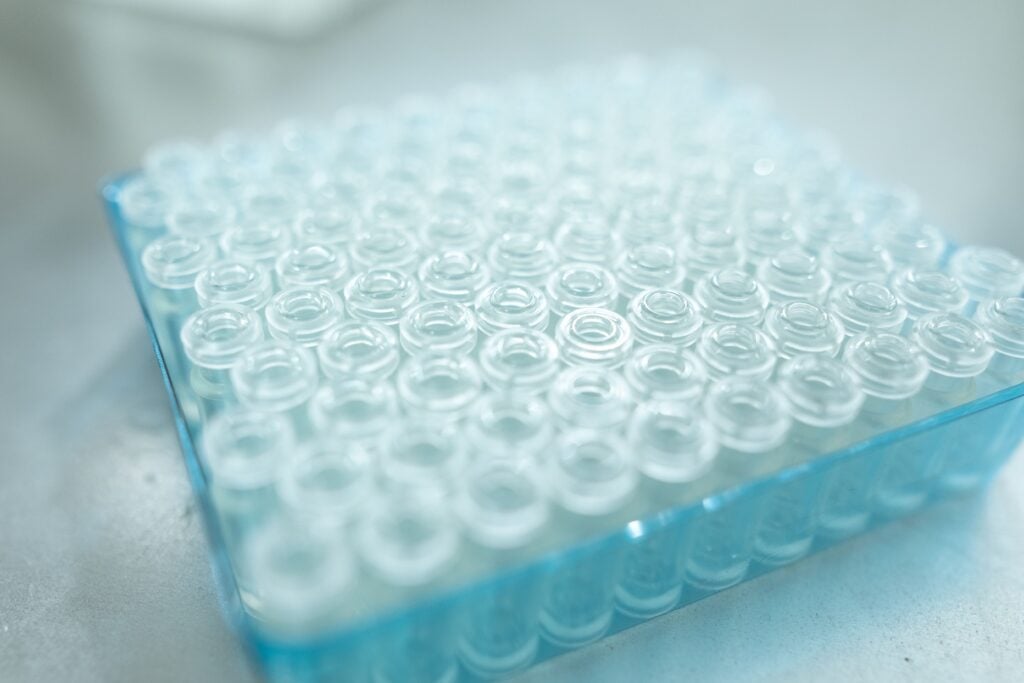 Autosampler vial rack used in liquid chromatography-tandem mass spectrometry (LC-MS/MS) cannabis testing.